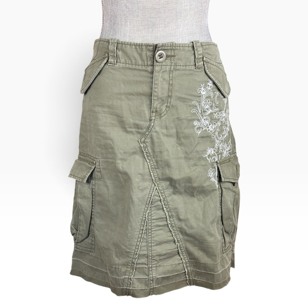 Vintage Gap Y2K Olive Green Embroidered Cargo Midi Skirt, Size 4
